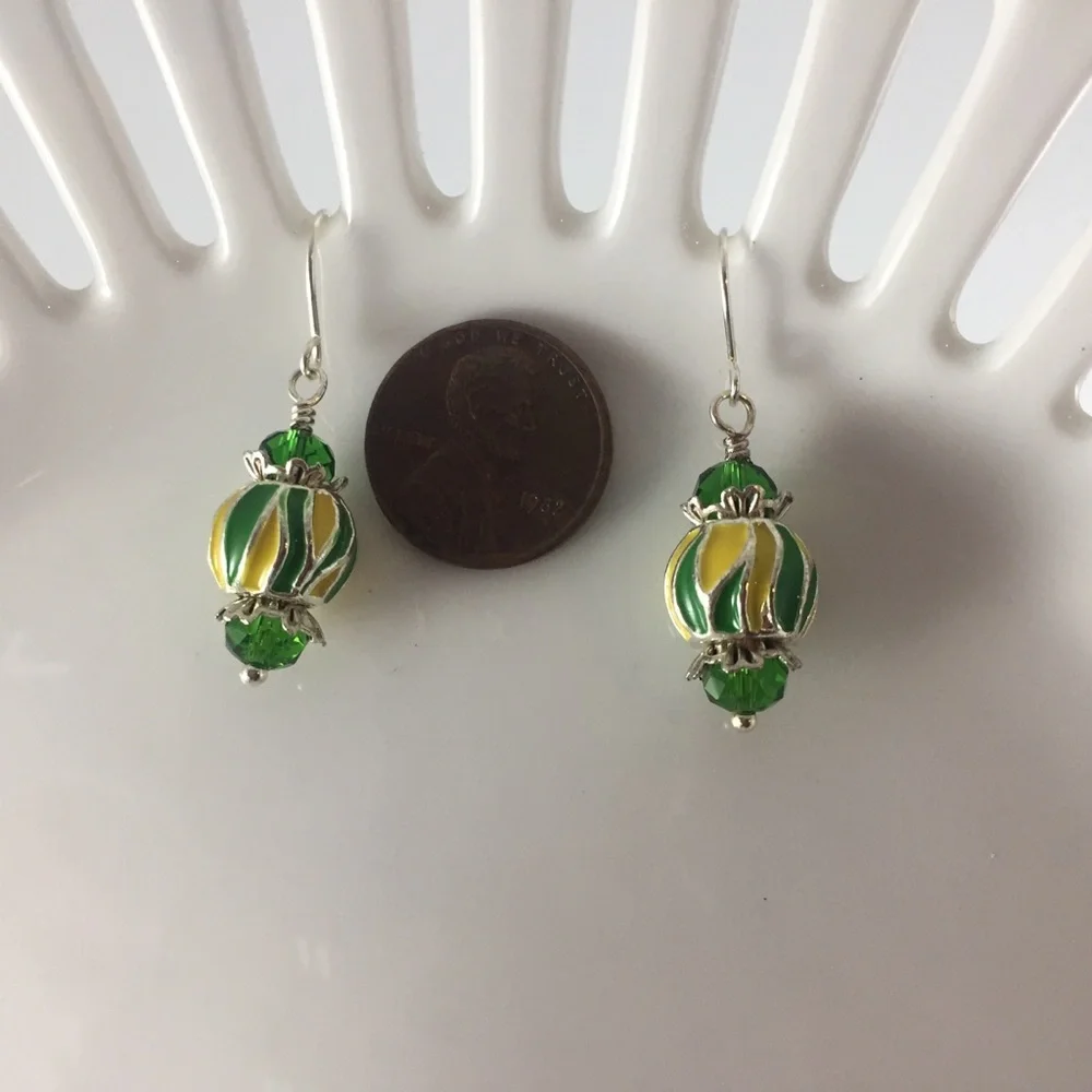Handmade Earrings Unique Green Yellow Silver.925 Plated Dangle New